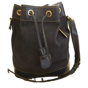 Dooney & Bourke vintage blue denim bucket bag navy leather trim unlined